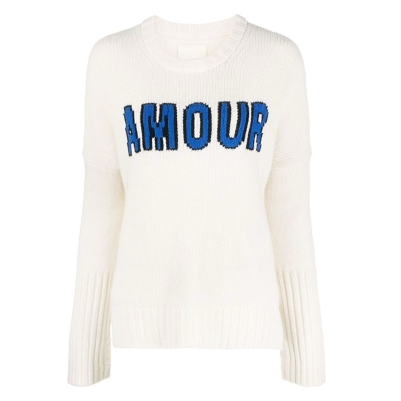 Zadig & Voltaire Malta Amour Cream Blue Varsity Wool Crewneck Sweater Size Large - Picture 4 of 10